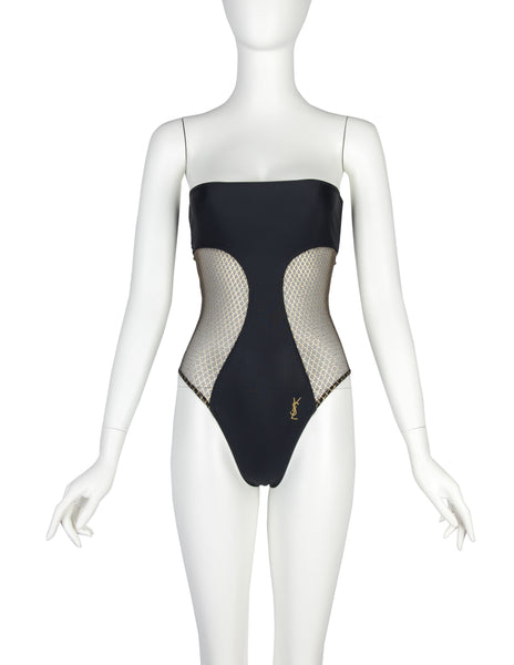 Yves Saint Laurent Vintage 1970s Black and Gold Swimsuit