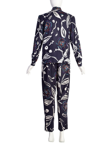 Yves Saint Laurent Vintage Navy Blue Abstract Floral Cotton Shirt and Pants Ensemble