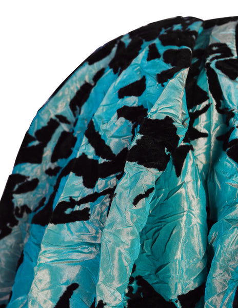 Yves Saint Laurent Vintage Haute Couture AW 1984 Black and Green Velvet Flocked Crinkled Silk Taffeta Gown