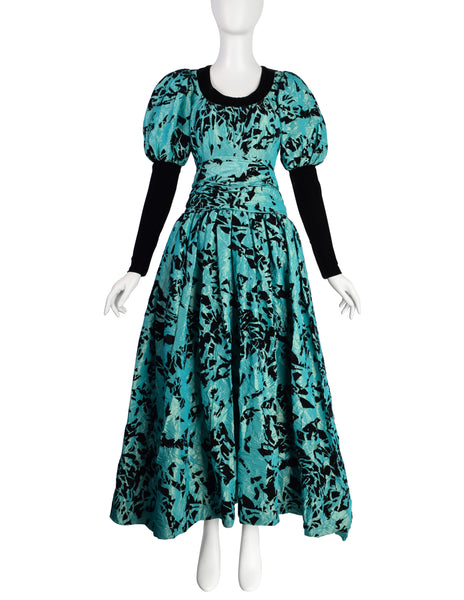 Yves Saint Laurent Vintage Haute Couture AW 1984 Black and Green Velvet Flocked Crinkled Silk Taffeta Gown