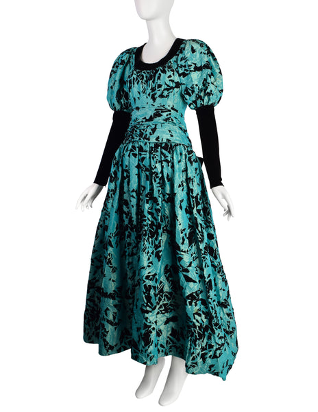 Yves Saint Laurent Vintage Haute Couture AW 1984 Black and Green Velvet Flocked Crinkled Silk Taffeta Gown
