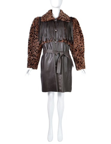 Yves Saint Laurent Vintage 1980s Lambskin Leather Leopard Fur Fringe Western Inspired Coat