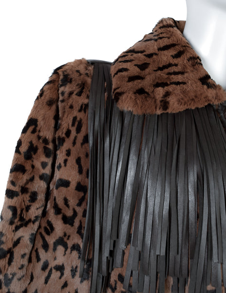 Yves Saint Laurent Vintage 1980s Lambskin Leather Leopard Fur Fringe Western Inspired Coat