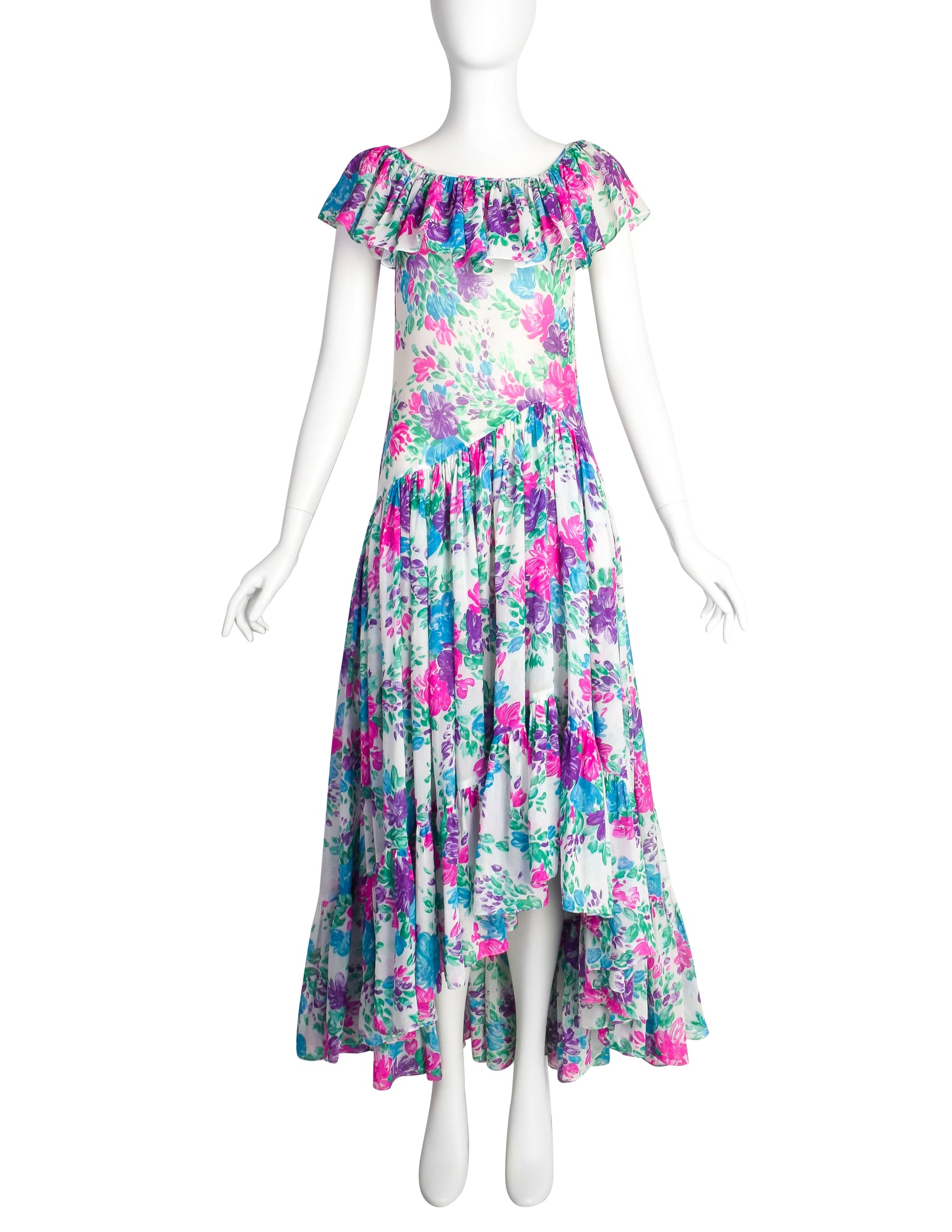 Yves Saint Laurent Vintage 1970s White Pink Purple Blue Vivid Floral Cotton Ruffle Dress