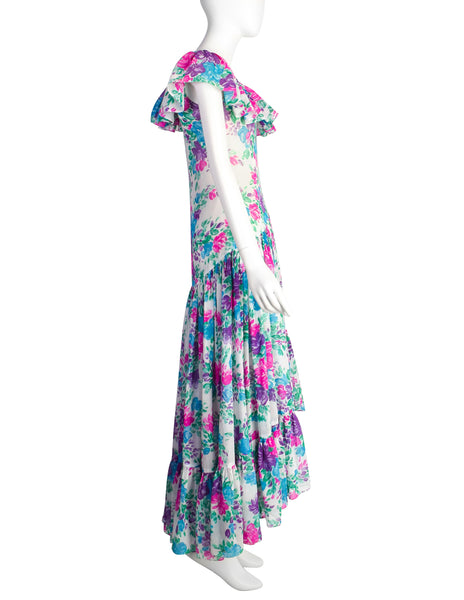 Yves Saint Laurent Vintage 1970s White Pink Purple Blue Vivid Floral Cotton Ruffle Dress