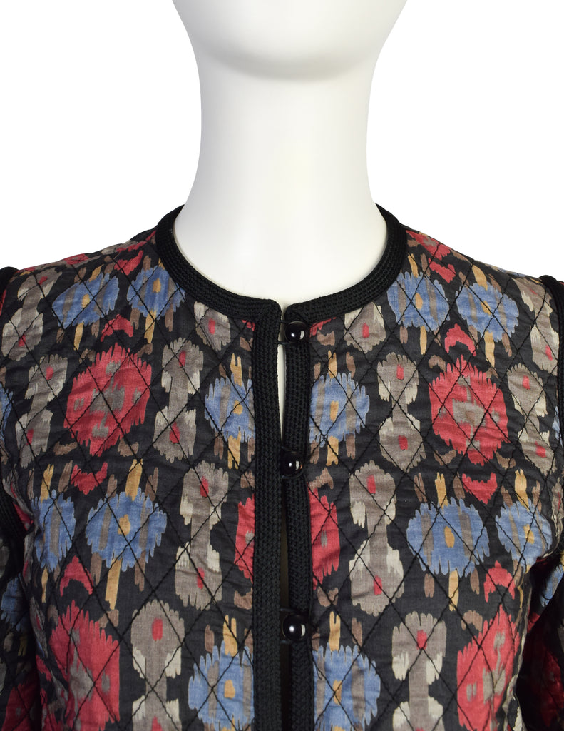 Yves Saint Laurent Vintage AW 1979 Black Multicolor Ikat Quilted Silk Amarcord Vintage Fashion