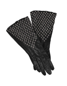 Azzedine Alaia Vintage 1980s Black Leather Eyelet Grommet Gauntlet Gloves