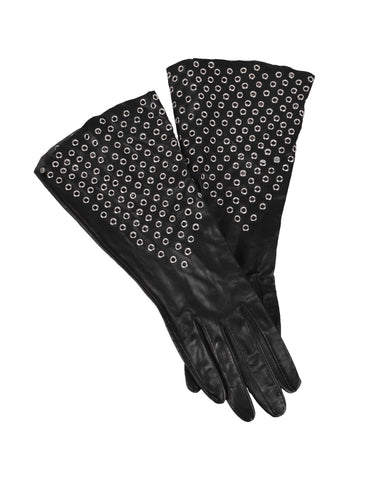 Azzedine Alaia Vintage 1980s Black Leather Eyelet Grommet Gauntlet Gloves