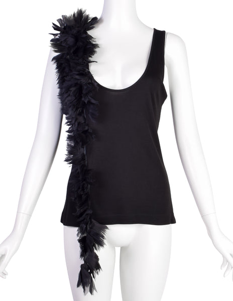 Alexander McQueen Vintage SS 2001 VOSS Black Jersey Tank Top with Pleated Chiffon 'Feather' Tail