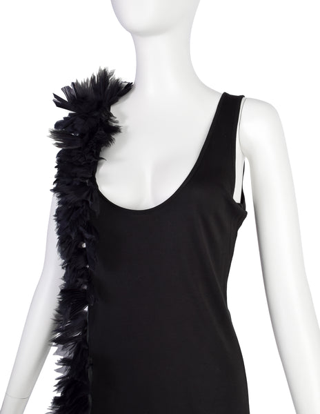 Alexander McQueen Vintage SS 2001 VOSS Black Jersey Tank Top with Pleated Chiffon 'Feather' Tail