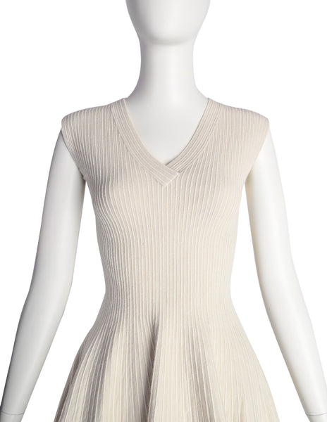Azzedine Alaia AW 2008 Creamy Ribbed Wool Fit and Flare Ruffle Skirt Dress