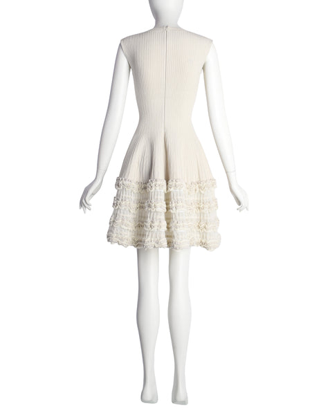 Azzedine Alaia AW 2008 Creamy Ribbed Wool Fit and Flare Ruffle Skirt Dress