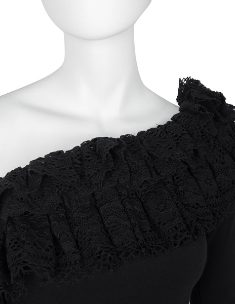 Callaghan by Romeo Gigli Vintage SS 1990 Black Cotton Ruffle Lace One Shoulder Crop Top