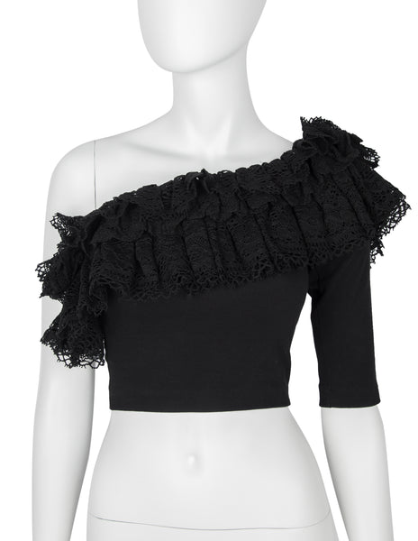 Callaghan by Romeo Gigli Vintage SS 1990 Black Cotton Ruffle Lace One Shoulder Crop Top
