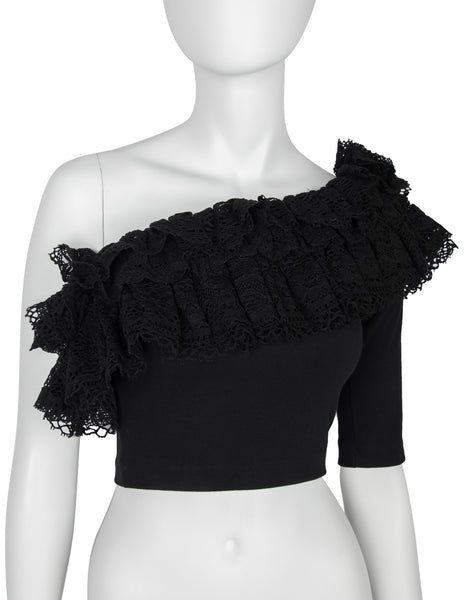 Callaghan by Romeo Gigli Vintage SS 1990 Black Cotton Ruffle Lace One Shoulder Crop Top