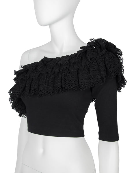 Callaghan by Romeo Gigli Vintage SS 1990 Black Cotton Ruffle Lace One Shoulder Crop Top