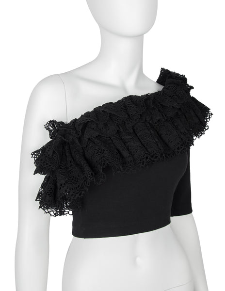 Callaghan by Romeo Gigli Vintage SS 1990 Black Cotton Ruffle Lace One Shoulder Crop Top