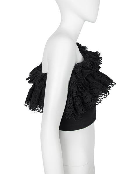 Callaghan by Romeo Gigli Vintage SS 1990 Black Cotton Ruffle Lace One Shoulder Crop Top