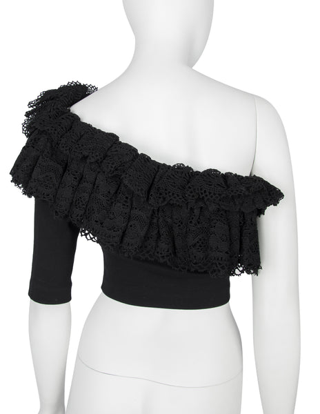 Callaghan by Romeo Gigli Vintage SS 1990 Black Cotton Ruffle Lace One Shoulder Crop Top