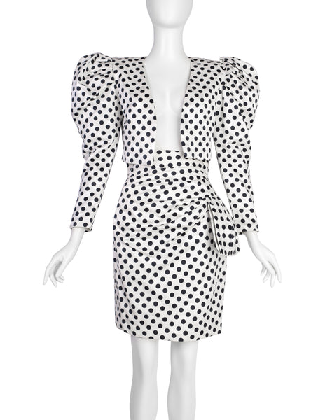 Carolyne Roehm Vintage 1980s Polka Dot Puff Sleeve Cropped Jacket and Skirt Ensemble