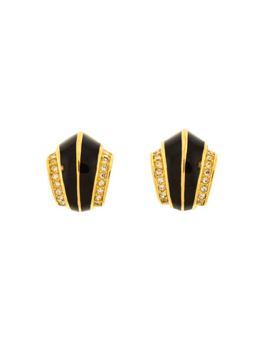 Christian Dior Vintage Black Gold Enamel Rhinestone Earrings