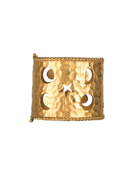 Celine Vintage Hammered Golden Celestial Moon and Stars Cuff Bracelet