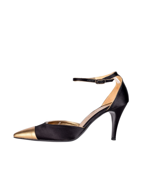 Chanel Vintage Black Satin & Bronze Leather Toe Cap D'Orsay Heels