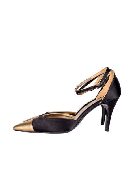 Chanel Vintage Black Satin & Bronze Leather Toe Cap D'Orsay Heels