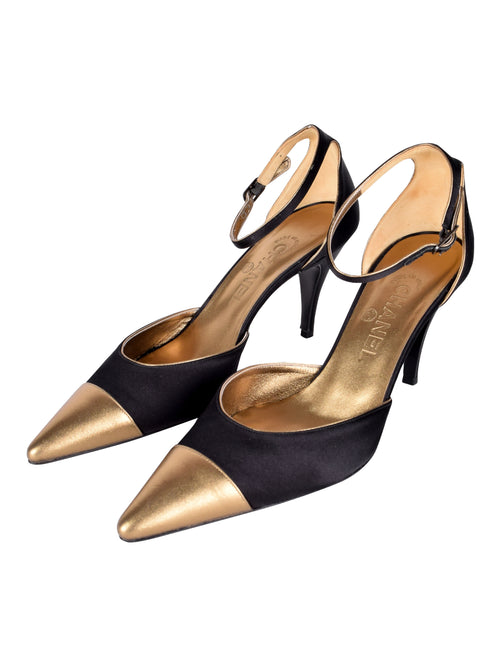 Chanel Vintage Black Satin & Bronze Leather Toe Cap D'Orsay Heels