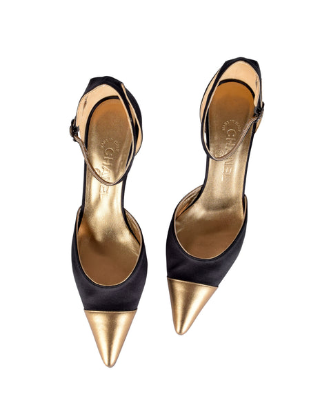 Chanel Vintage Black Satin & Bronze Leather Toe Cap D'Orsay Heels