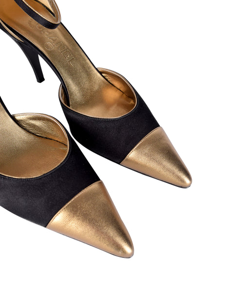 Chanel Vintage Black Satin & Bronze Leather Toe Cap D'Orsay Heels