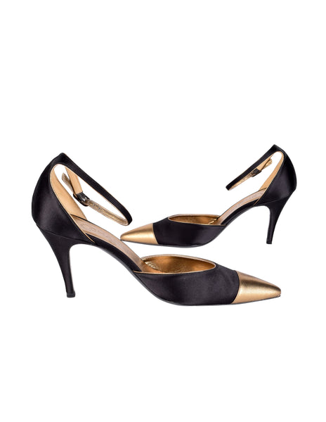 Chanel Vintage Black Satin & Bronze Leather Toe Cap D'Orsay Heels