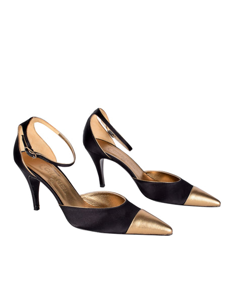 Chanel Vintage Black Satin & Bronze Leather Toe Cap D'Orsay Heels