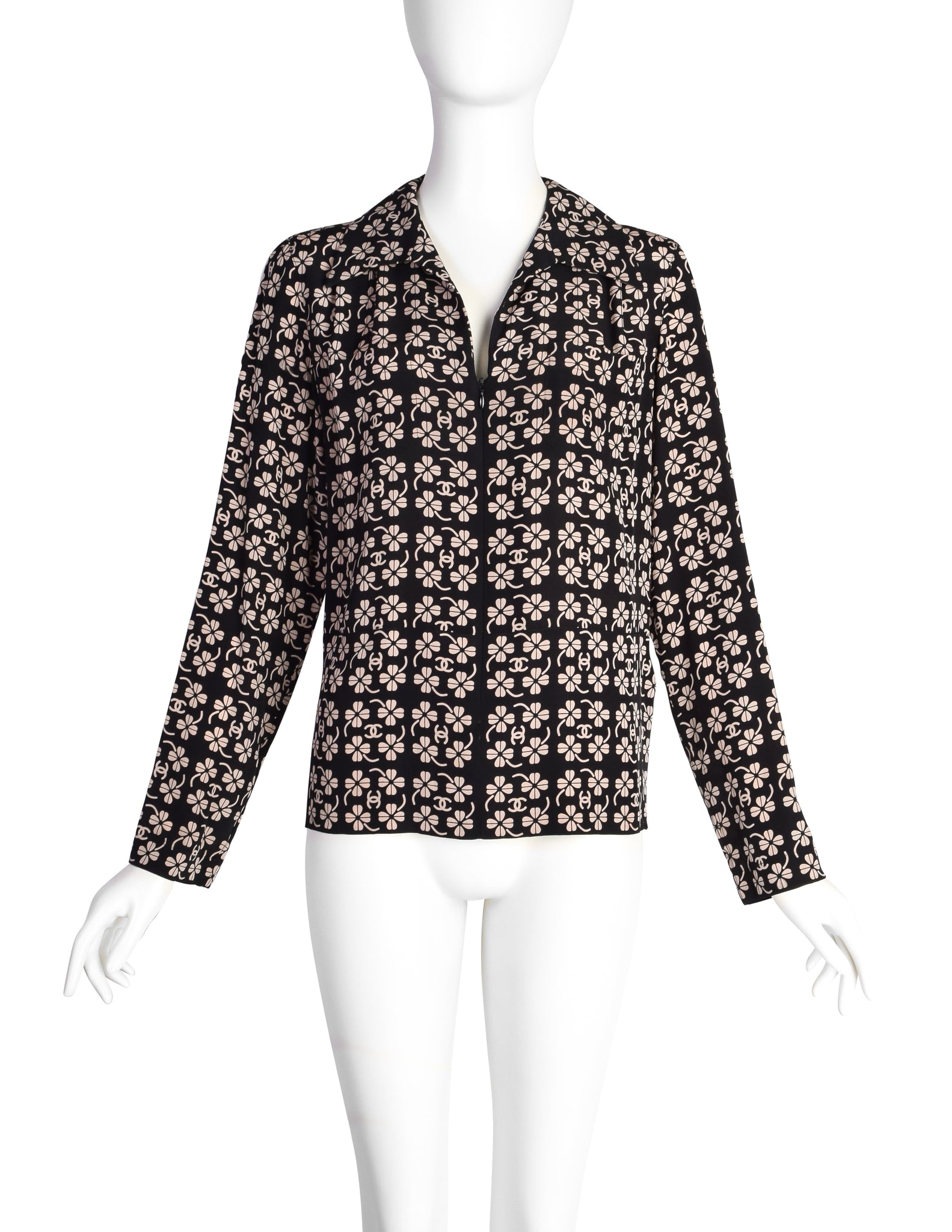 Chanel Vintage SS 2001 CC Logo and Clover Print Black and Beige Silk Shirt
