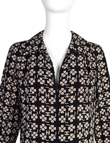Chanel Vintage SS 2001 CC Logo and Clover Print Black and Beige Silk Shirt