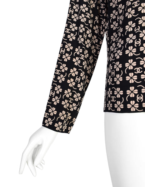 Chanel Vintage SS 2001 CC Logo and Clover Print Black and Beige Silk Shirt