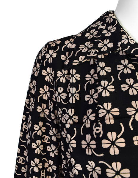 Chanel Vintage SS 2001 CC Logo and Clover Print Black and Beige Silk Shirt