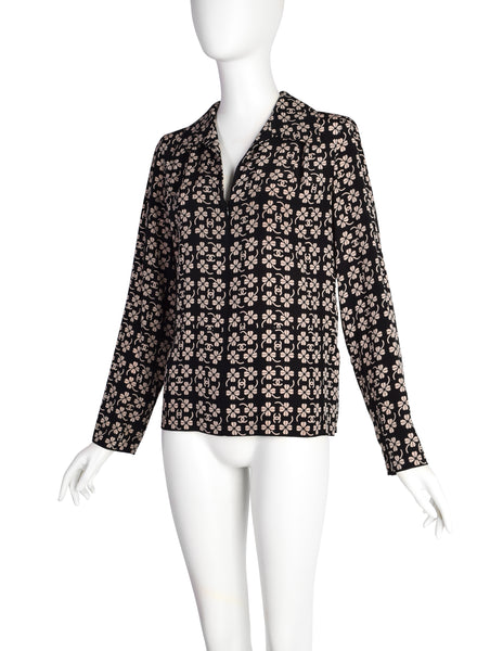 Chanel Vintage SS 2001 CC Logo and Clover Print Black and Beige Silk Shirt