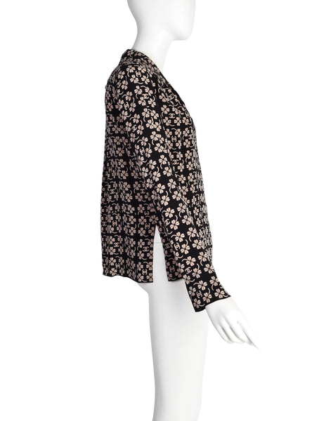 Chanel Vintage SS 2001 CC Logo and Clover Print Black and Beige Silk Shirt