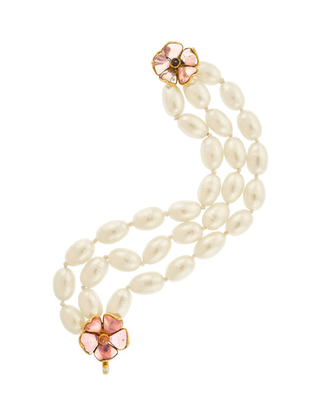Chanel Vintage SS 1996 Gripoix Flower and Baroque Pearl Three Row Bracelet