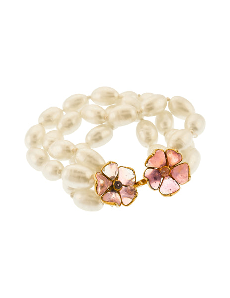 Chanel Vintage SS 1996 Gripoix Flower and Baroque Pearl Three Row Bracelet
