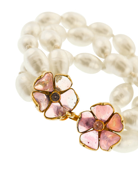 Chanel Vintage SS 1996 Gripoix Flower and Baroque Pearl Three Row Bracelet