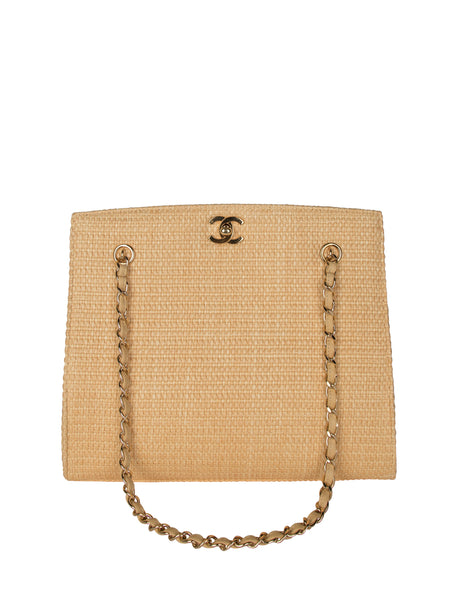 Chanel Vintage 1990s Light Beige Woven Raffia Shoulder Bag