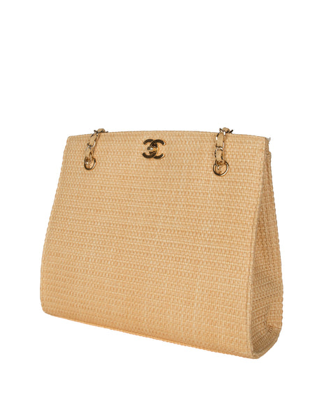 Chanel Vintage 1990s Light Beige Woven Raffia Shoulder Bag