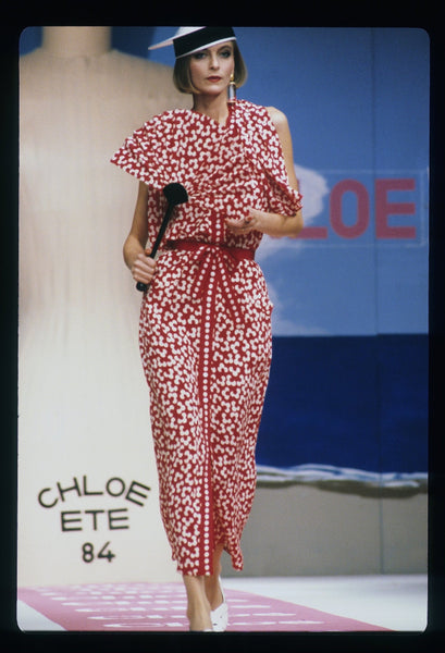 Chloe by Karl Lagerfeld Vintage SS 1984 Red and Cream Floral Silk Dress