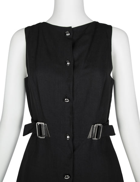State of Claude Montana Vintage Black Linen Belted Dress