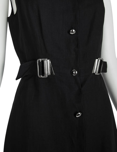 State of Claude Montana Vintage Black Linen Belted Dress