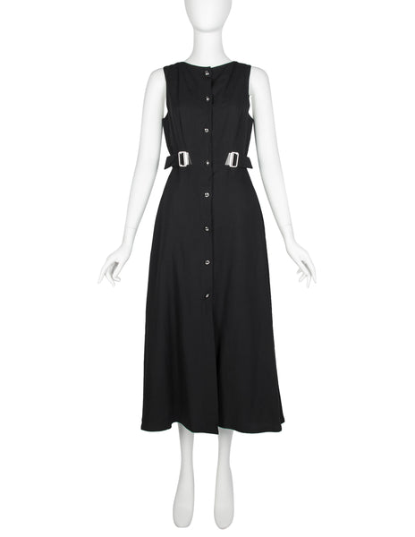 State of Claude Montana Vintage Black Linen Belted Dress