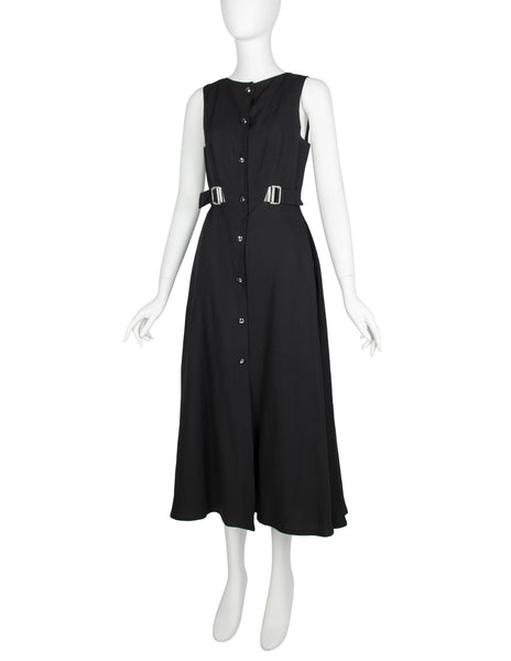 State of Claude Montana Vintage Black Linen Belted Dress