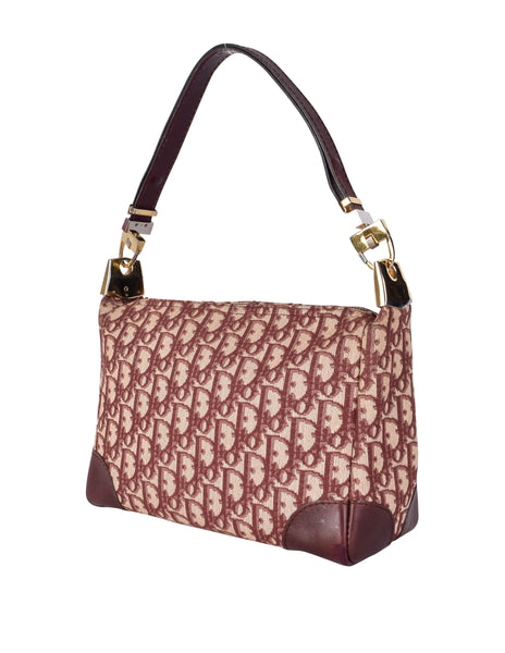 Christian Dior Vintage Burgundy Oblique Monogram Canvas and Leather Shoulder Bag